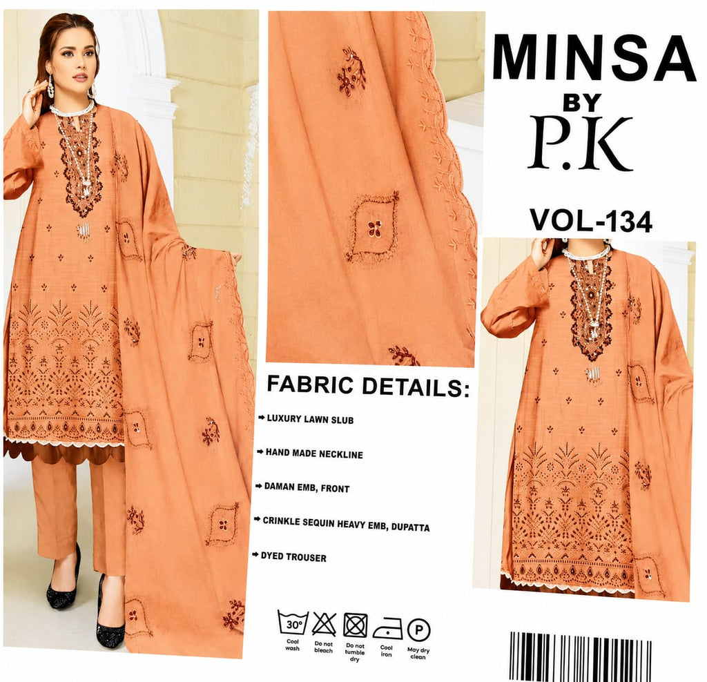 MINSA by P.K-Elegant peach-colored 3-piece unstitched suit
