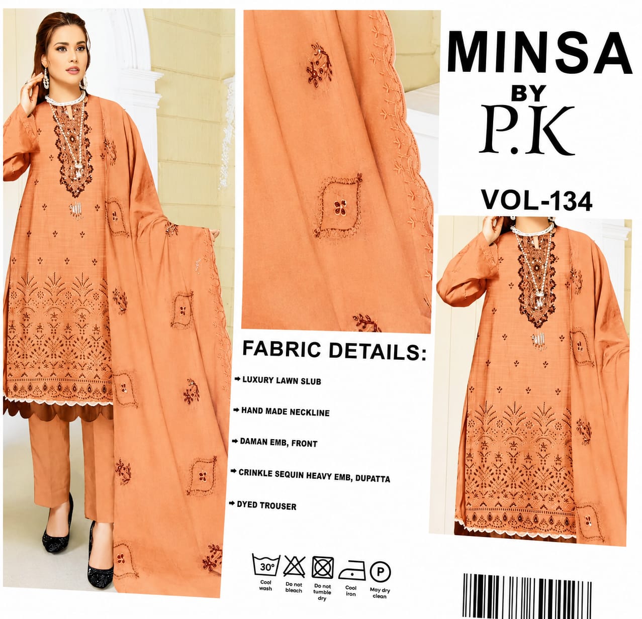 MINSA by P.K-Elegant peach-colored 3-piece unstitched suit