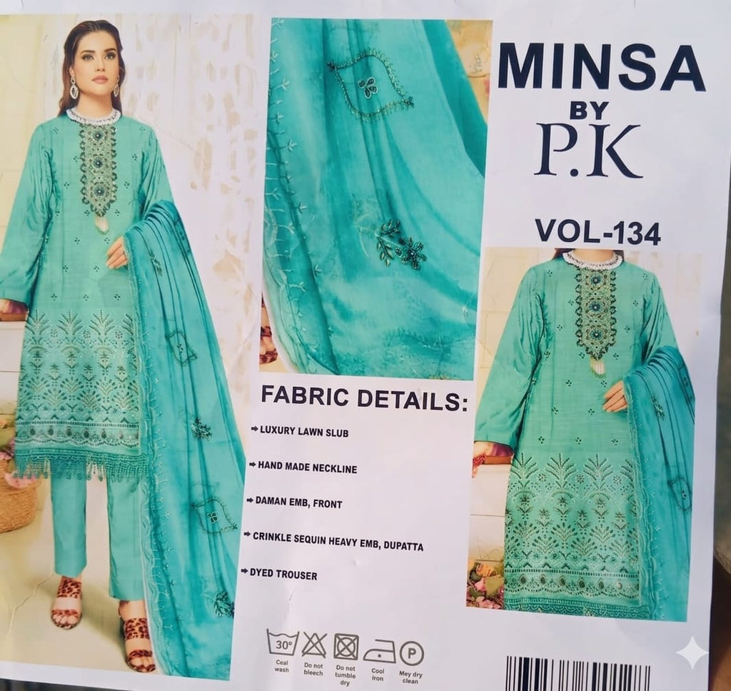 MINSA by P.K-Earthy peach-tan monochrome shade 3-Piece Embroidered Lawn Suit