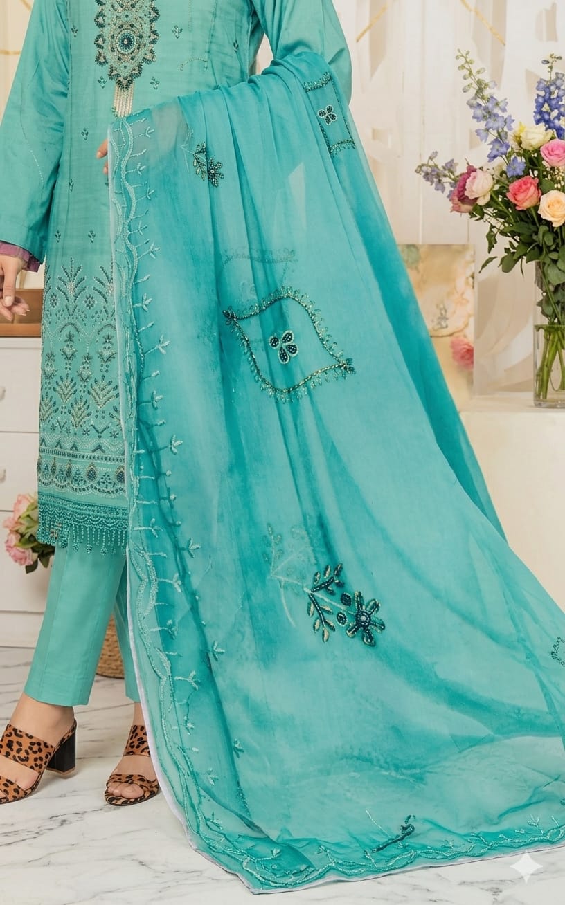 MINSA by P.K-Earthy peach-tan monochrome shade 3-Piece Embroidered Lawn Suit