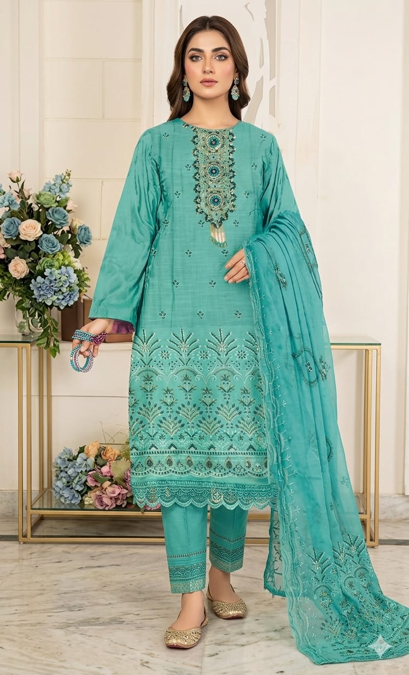 MINSA by P.K-Earthy peach-tan monochrome shade 3-Piece Embroidered Lawn Suit