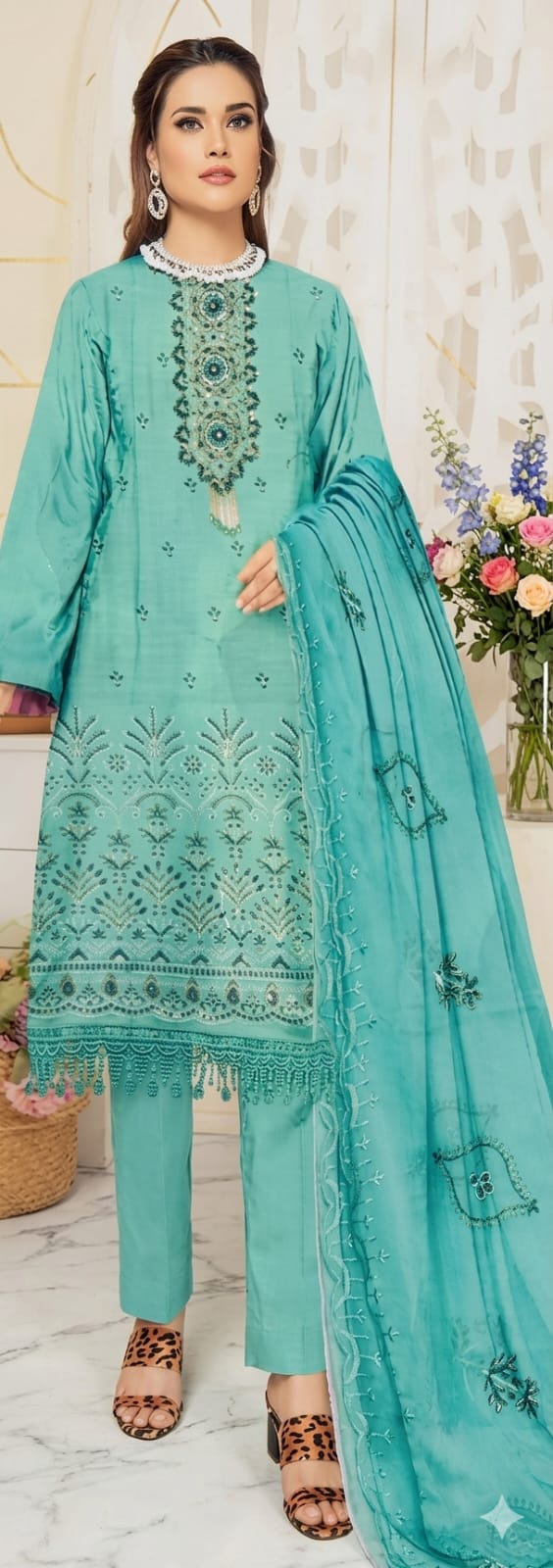 MINSA by P.K-Earthy peach-tan monochrome shade 3-Piece Embroidered Lawn Suit